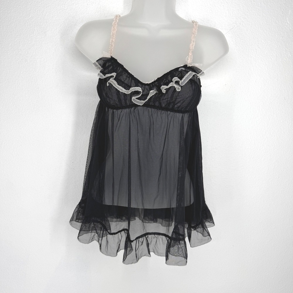 Victoria's Secret Black Mesh Babydoll Chemise Lace Rhinestone Bow Oversized M